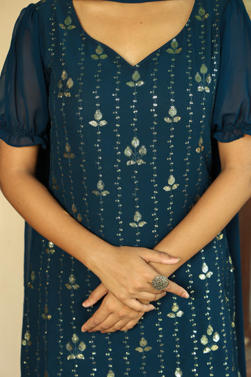 Amalfi Blue Sequinned Kurta With Palazzo & Dupatta Set